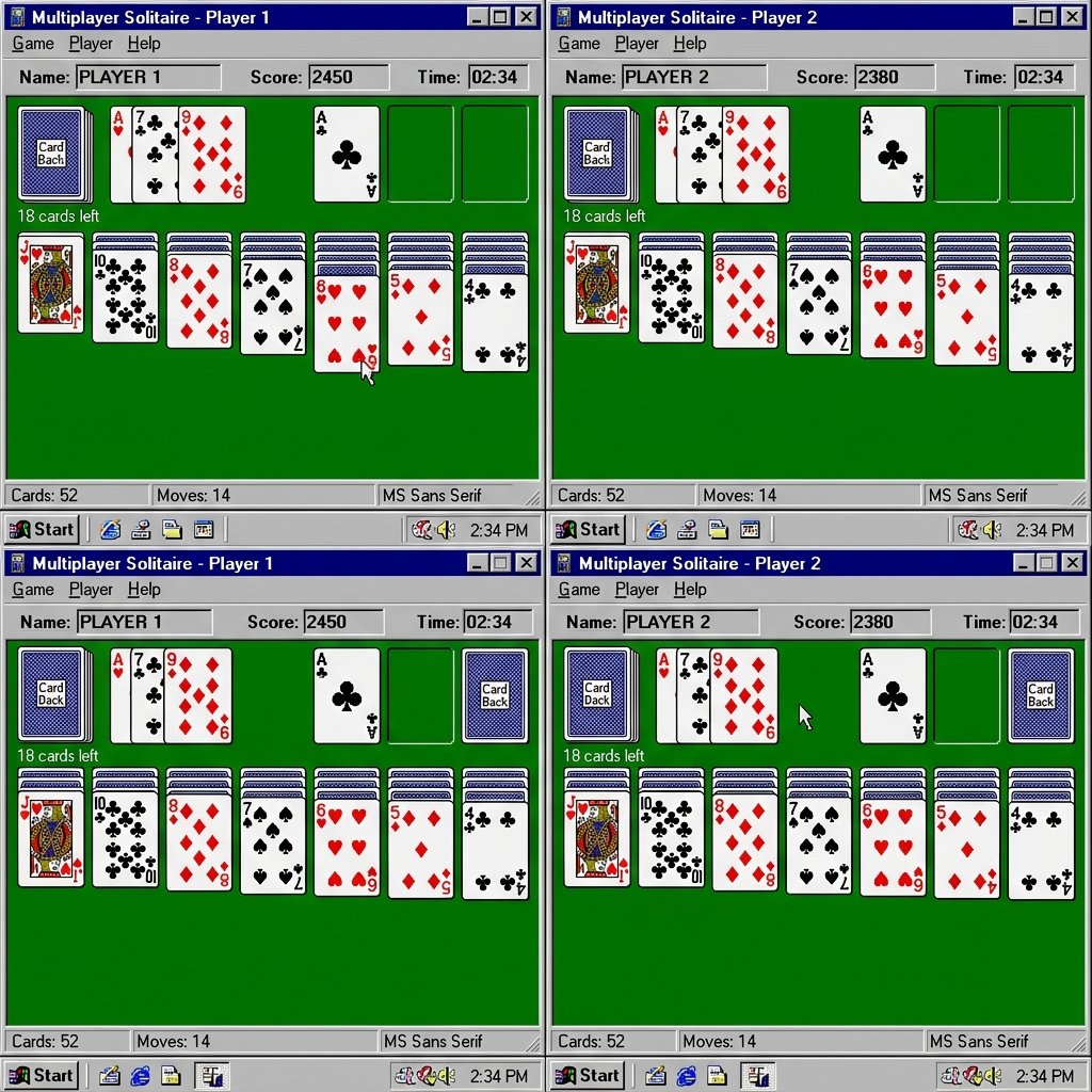 Split screen showing a retro Windows 95 style multiplayer solitaire card game, with Player 1 on the left side and Player 2 on the right side.